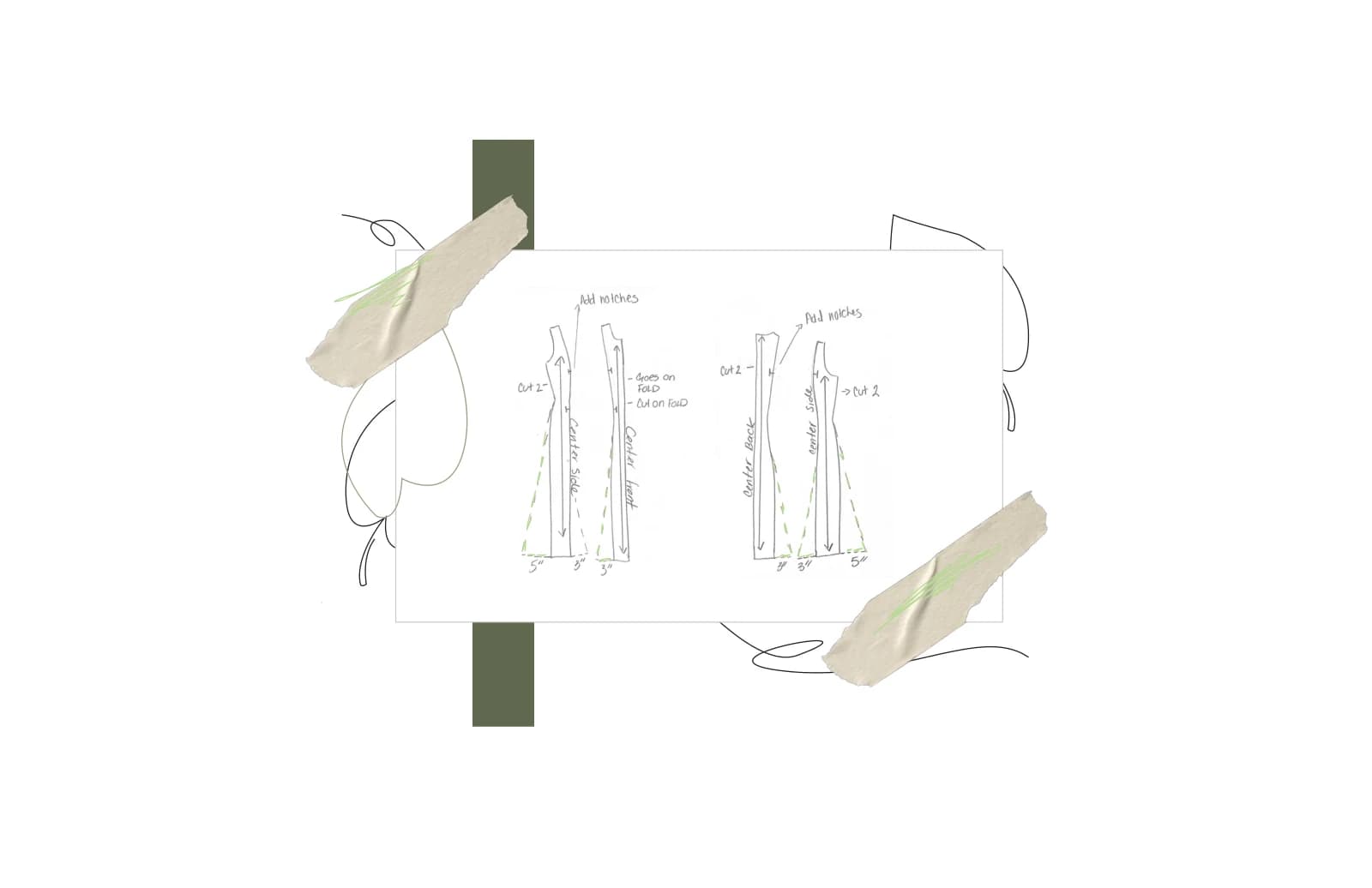 Front and back technical drawings of a long dress, presented with construction annotations and olive-and-cream collage elements.