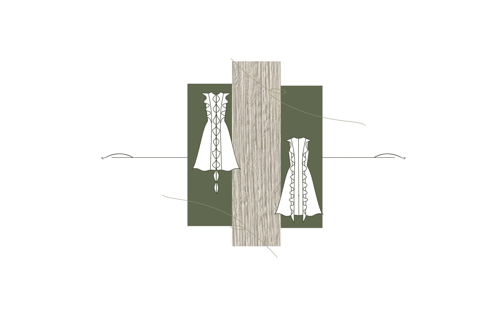 Front and back garment-detail drawings featuring fitted panels and vertical lace-up construction against olive and wood-textured blocks.