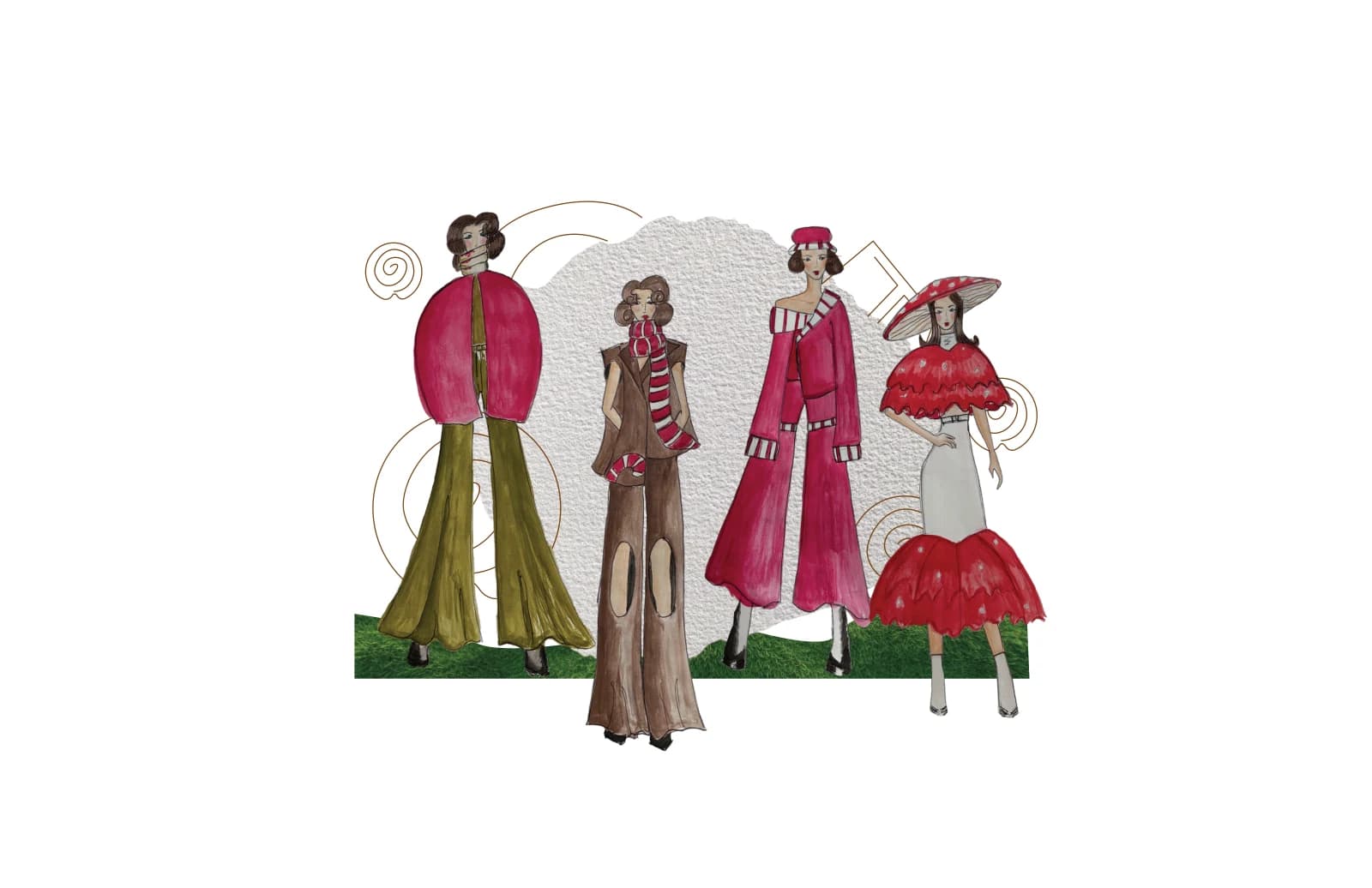 Illustrated five-look fashion lineup in raspberry pink, red, brown, olive green, and black, featuring exaggerated shoulders, elongated trousers, flared skirts, sculptural headwear, and mushroom-like tiered forms.
