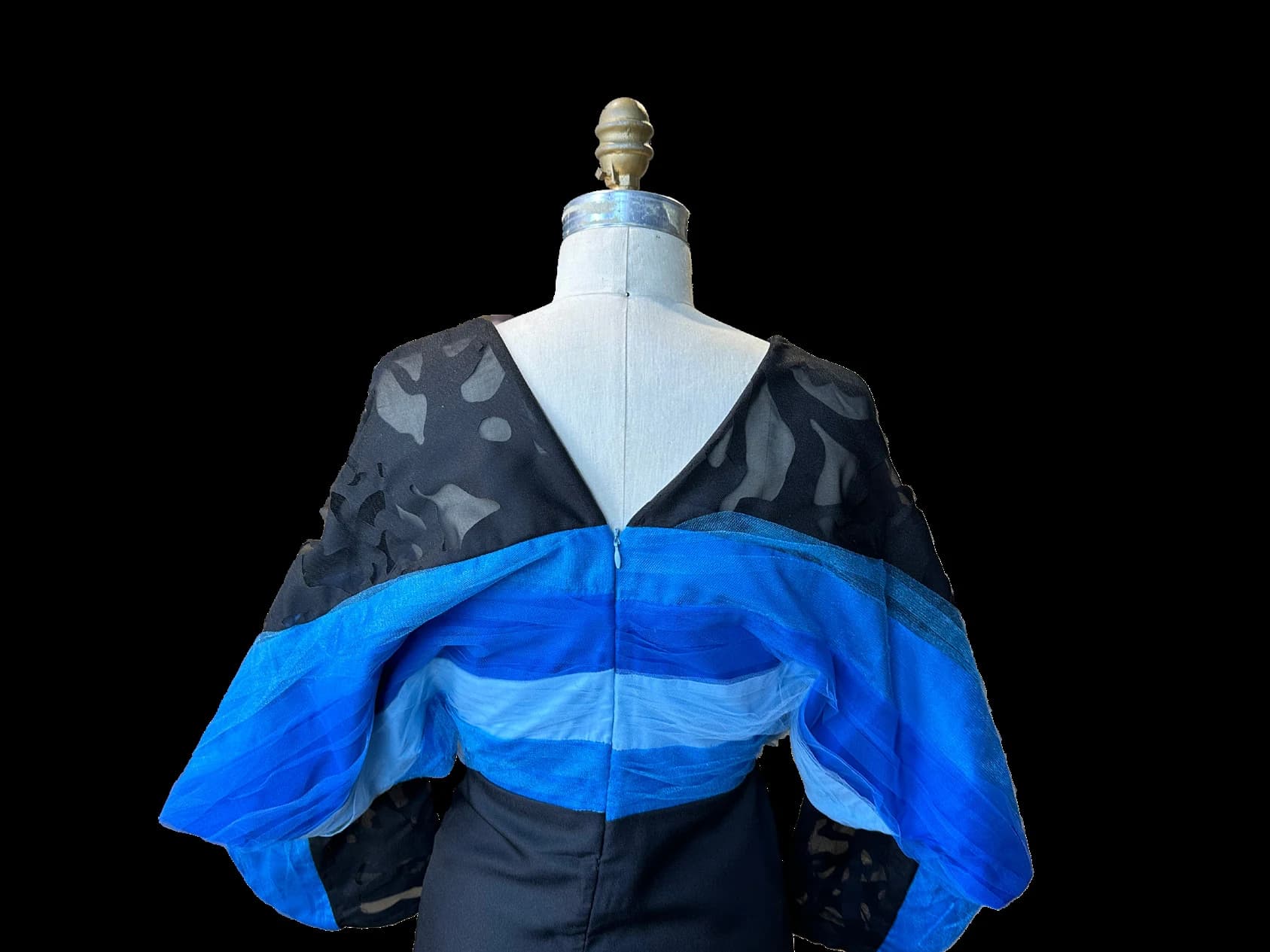 Close view of the black and blue sculptural Fantasy Dress bodice.