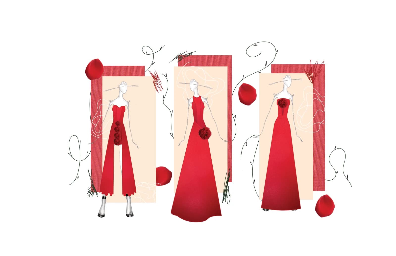 Three fashion illustrations showing variations of a long red evening dress with a fitted bodice and dramatic asymmetric skirt.