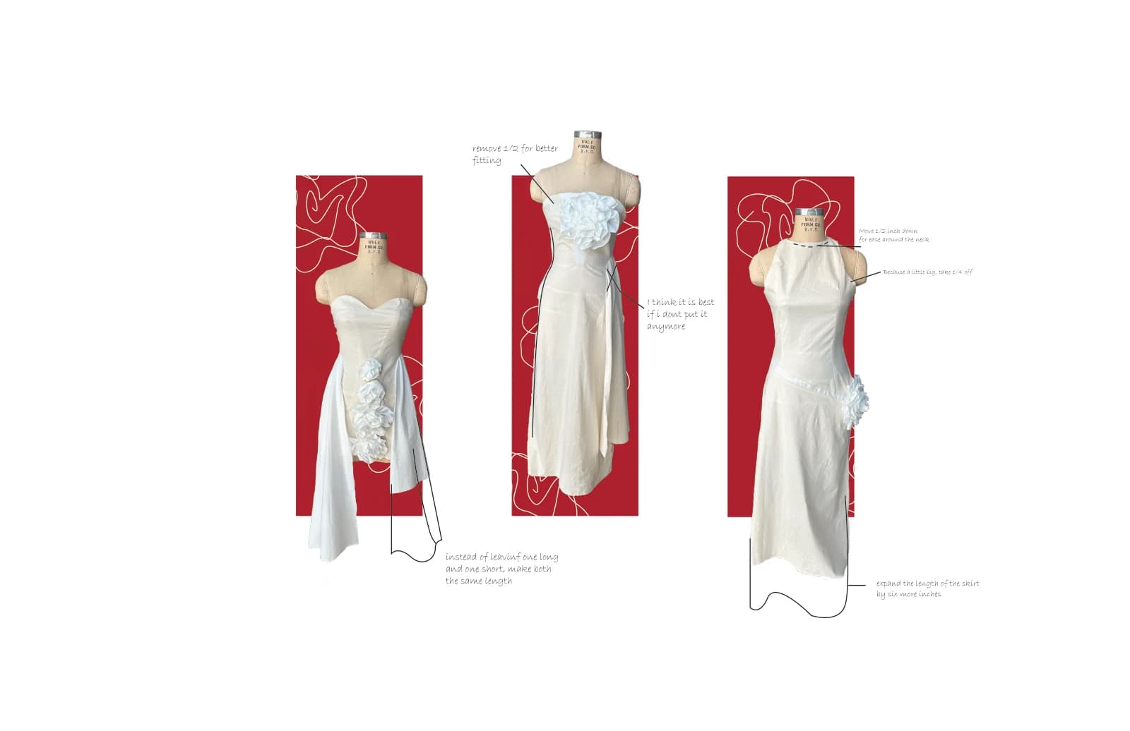 Three views of a white dress toile on a mannequin, showing a fitted bodice and asymmetric skirt with handwritten fitting annotations.