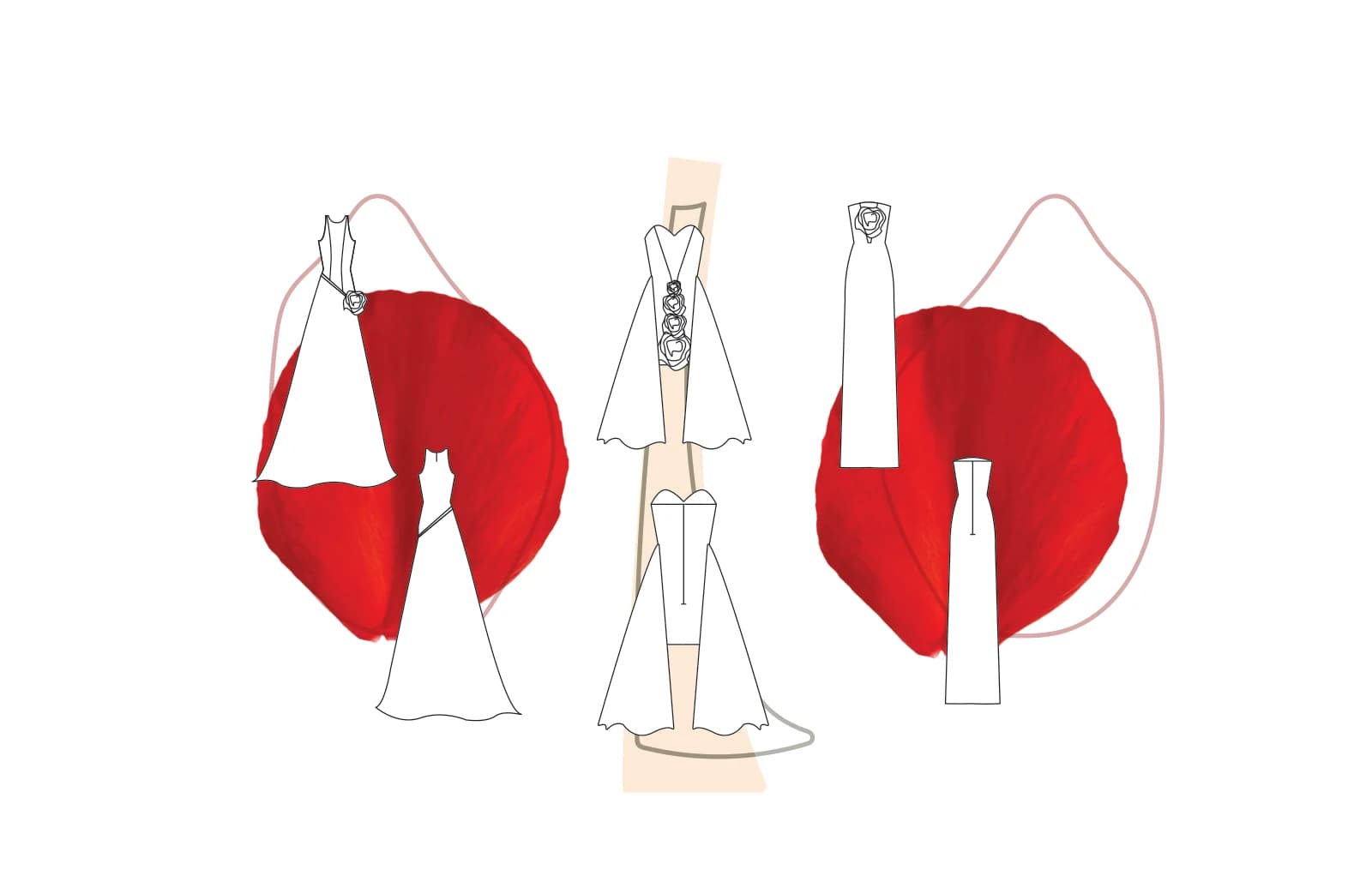 Front, back, and separated garment-component drawings for a white and red evening dress, arranged over large red abstract shapes.