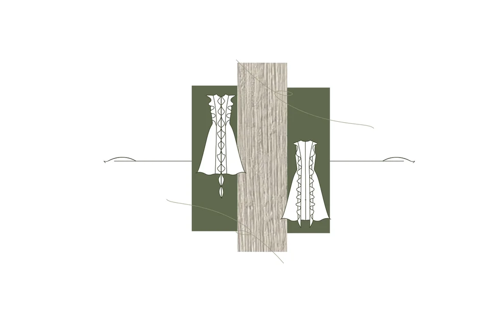 Front and back garment-detail drawings featuring fitted panels and vertical lace-up construction against olive and wood-textured blocks.